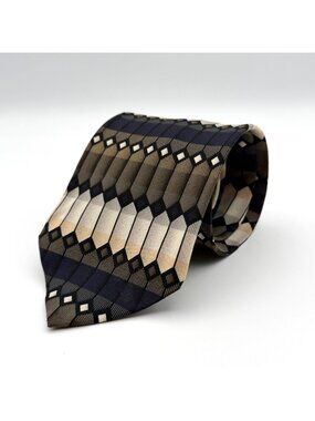 Peebles Executive Collection Black/Gray/Cream Geometric 100% Silk Tie 61" x 4"